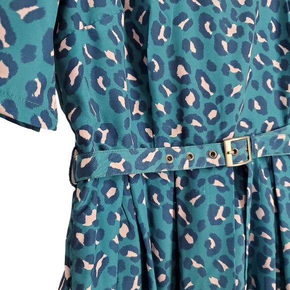 eShakti Size M 8 Dress Crepe Fit Flare Leopard Print Matching Belt Scoop Teal - Picture 12 of 13